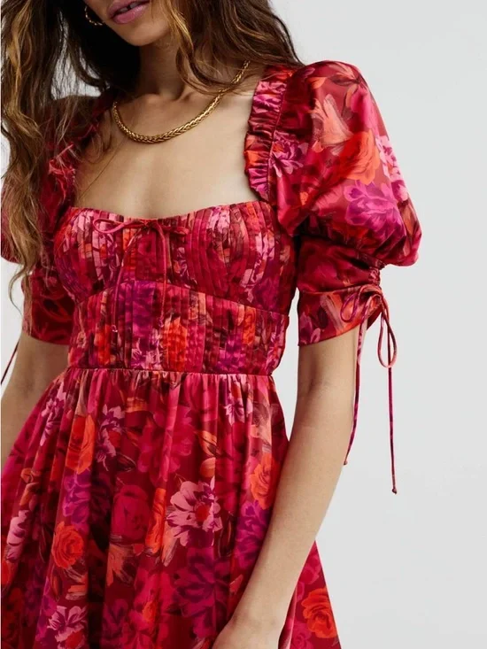 For Love & Lemons Red-Pink Floral Puff-Sleeve Mini Dress - Picture 3 of 7